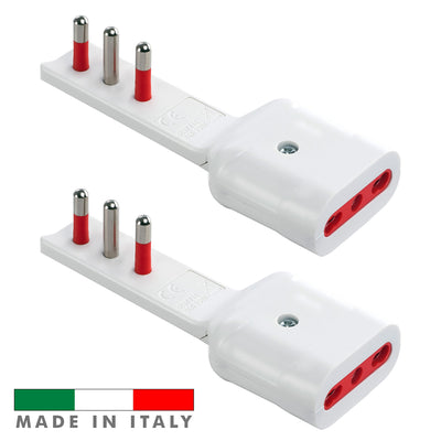 Rosi Emilia Flat Set da 2 Adattatore ultra piatto 90° salva spazio con spina grande 16A e presa 10/16A 2P+T, salvaspazio, sporgenza minima, spessore ridotto, ottimizzazione spazio, 1500W max, bianco