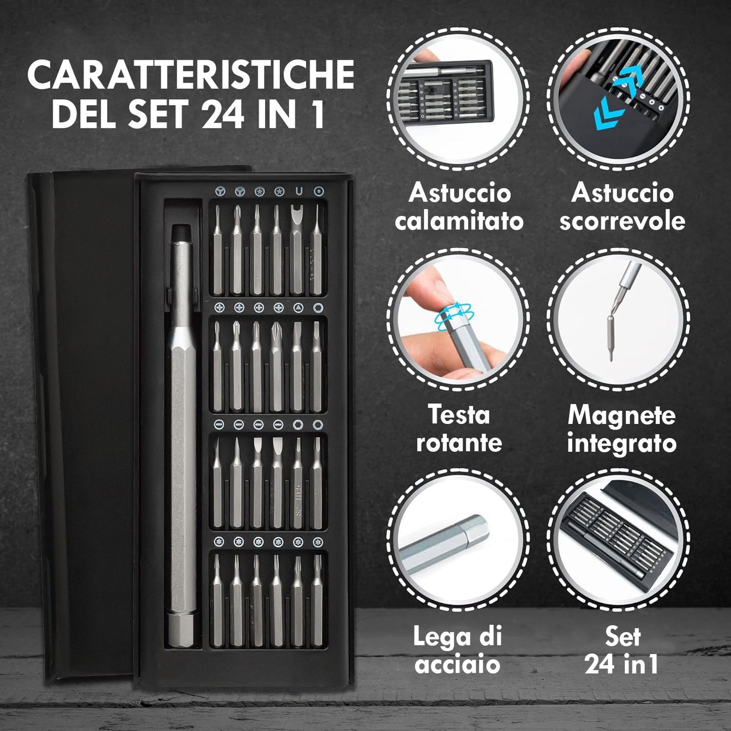 Set di cacciaviti magnetici di precisione con custodia calamitata e testa rotante, 24 in 1 acciaio, Kit di riparazione, cacciavite per occhiali e orologi, giraviti per elettronica PC e smartphone