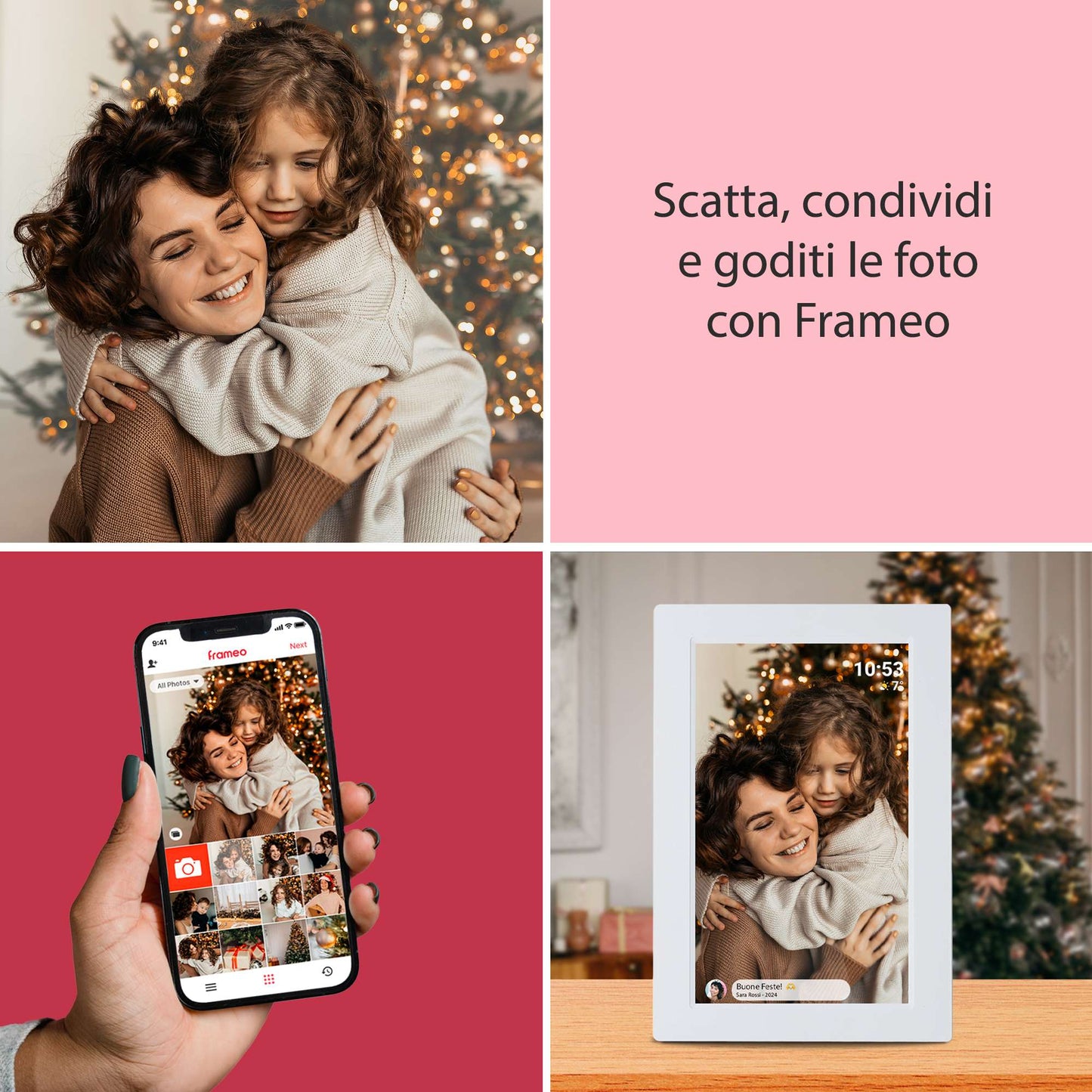 Denver Cornice smart Wi-Fi bianca, cornice digitale touchscreen con schermo da 7", trasmissione foto wireless tramite app