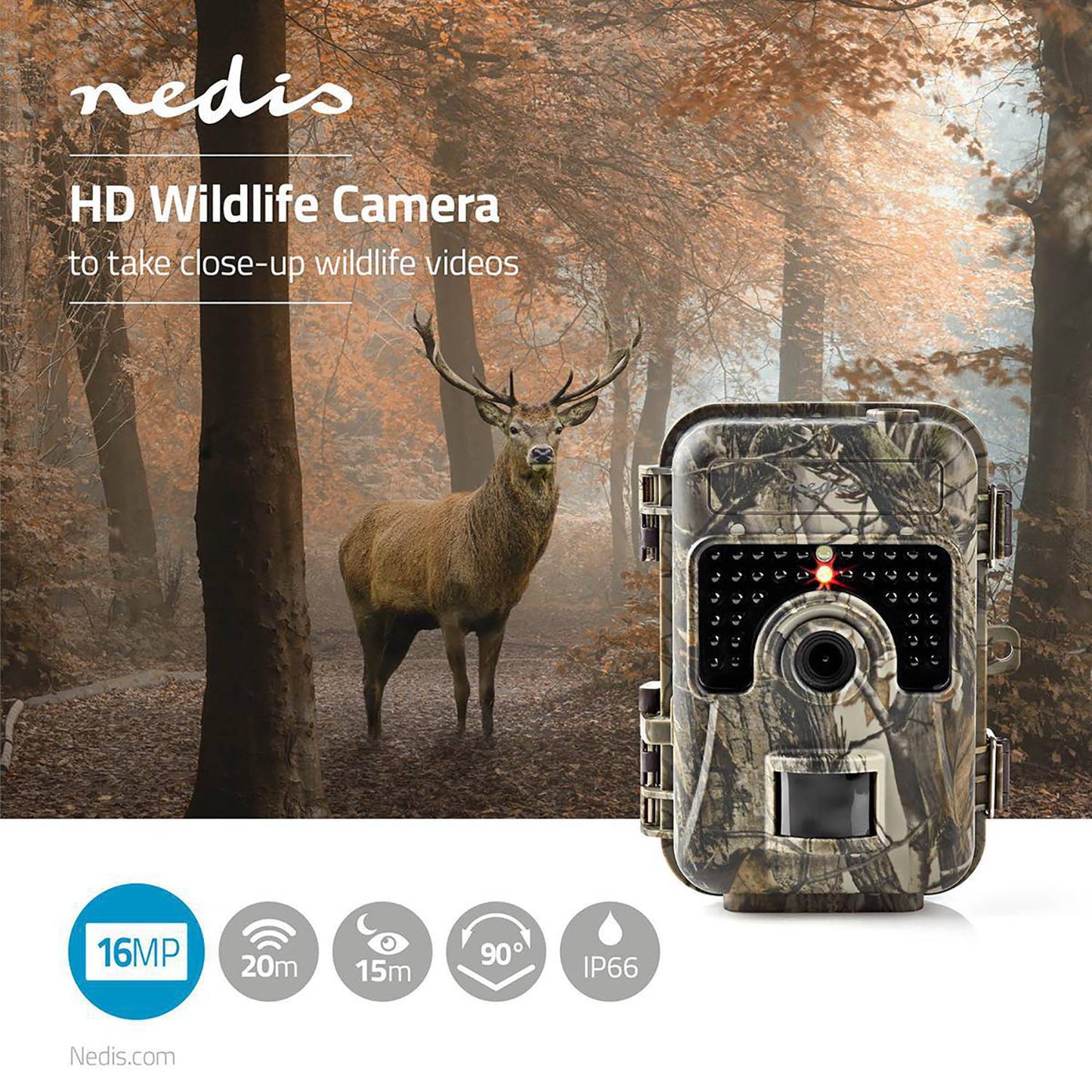 Nedis Fototrappola camouflage 1080p 30fps, camera 16MP con schermo da 2.4", IR nero senza luce, visione notturna, sensore di movimento