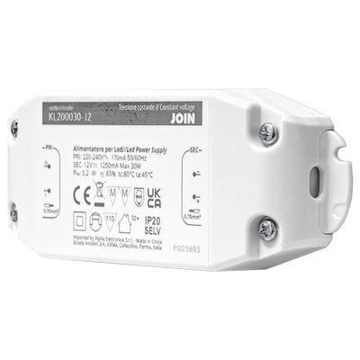 Alpha Elettronica KL200030-12 Alimentatore per LED a tensione costante 30W 12Vdc, trasformatore professionale senza sfarfallio per striscia LEDs, morsetti a vite, tensione d'ingresso 200 - 240 Vac