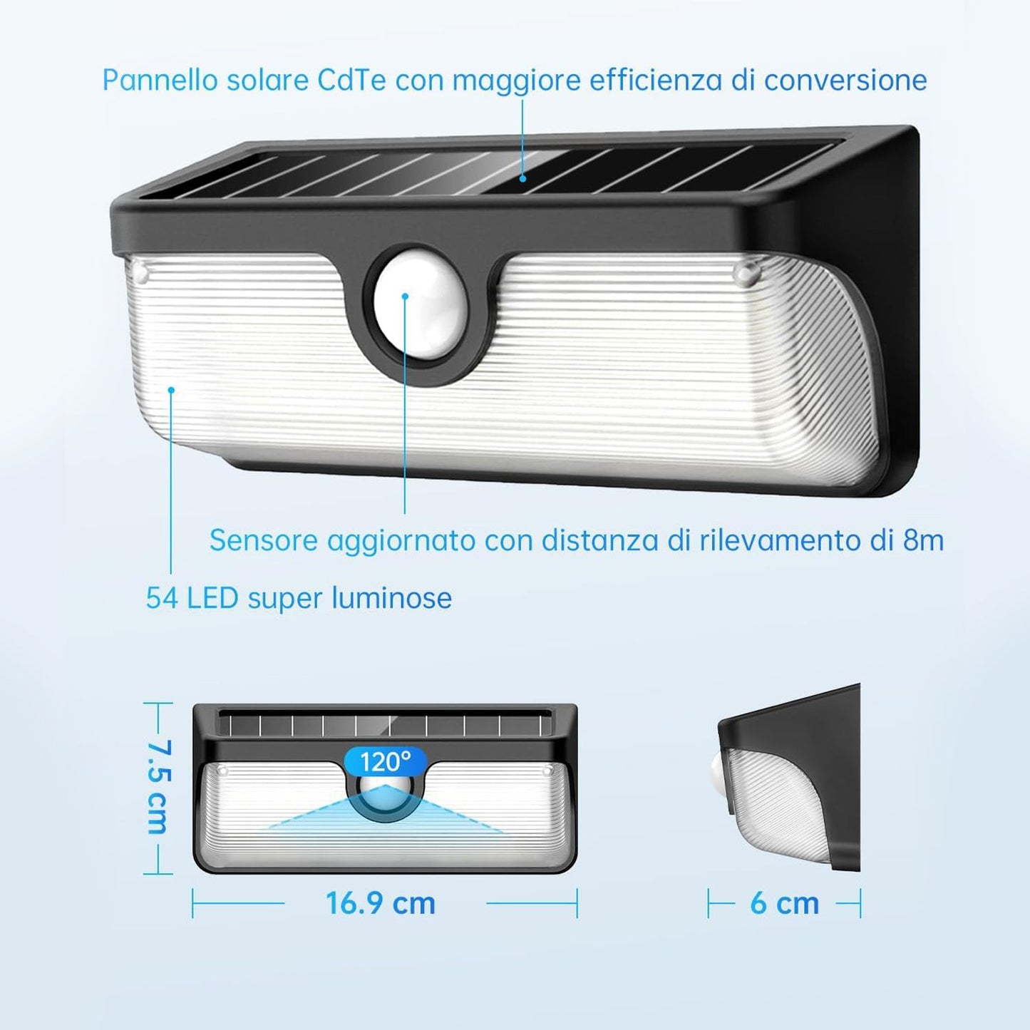 Applique a LED da esterno a batteria ricaricabile tramite pannello solare integrato, Sensore di Movimento incorporato, Potenza 7W equivalenti a 45W, impermeabile IP65, Luce Naturale 4000K, 500 Lumen
