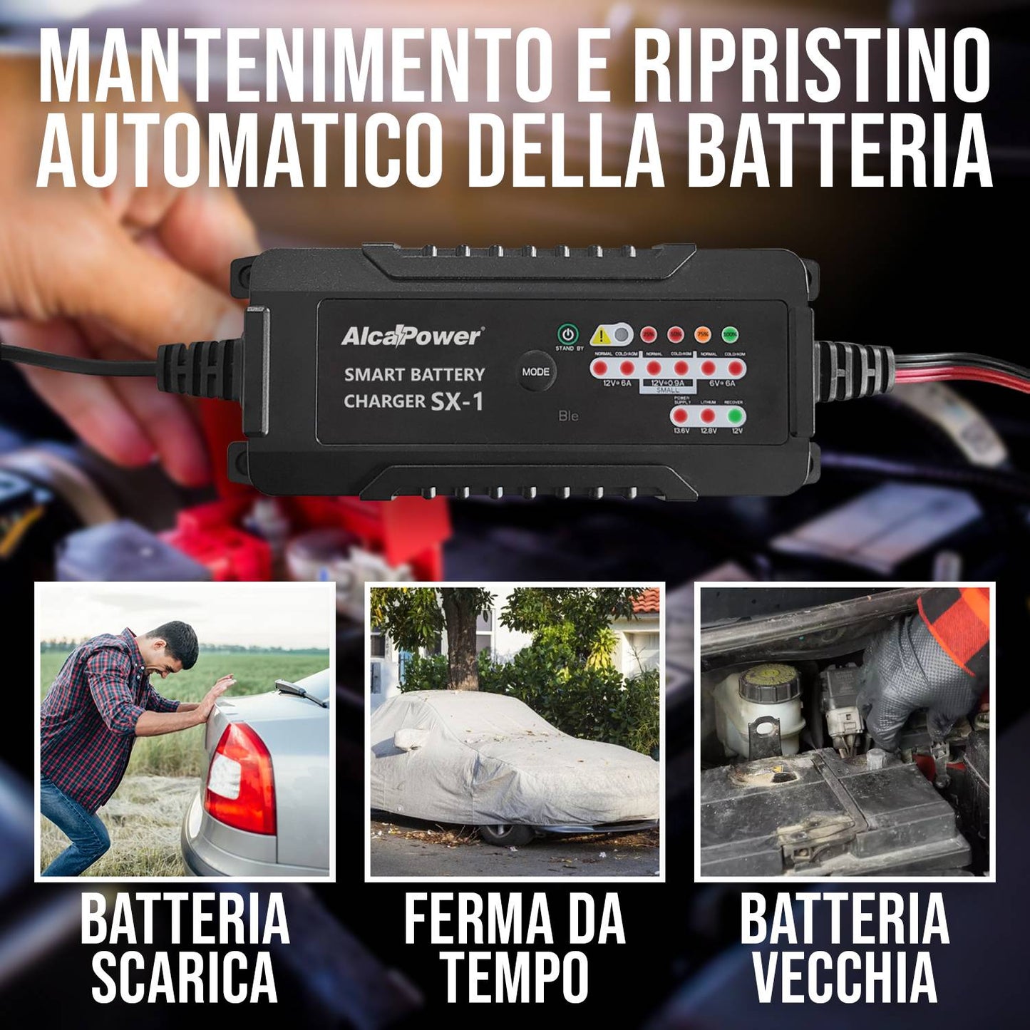 Alcapower SX-1 Carica batterie smart mantenitore di corrente per auto e moto, switching automatico 6A 6V/12V, funzione ripristino batteria