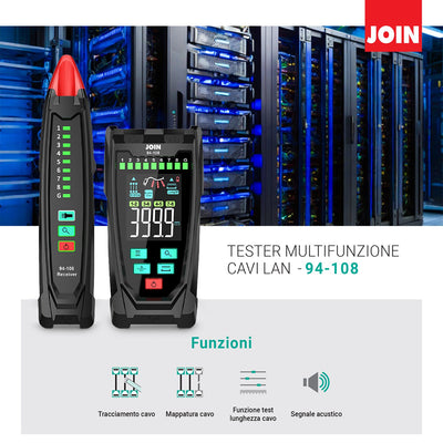 JOIN 94-108 Tester multifunzione per verifica tracciamento e mappatura cavi di rete LAN con porte RJ45 e funzione per misurare la lunghezza del cavo fino a 400m, rilevatore di interruzioni, torcia LED