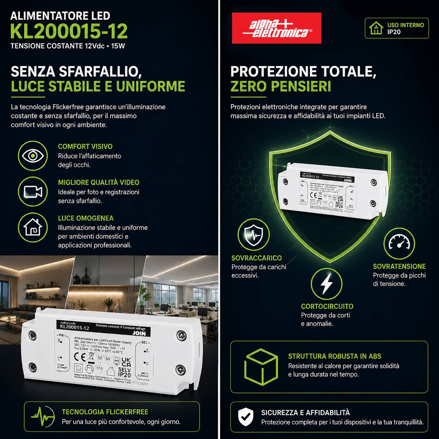 Alpha Elettronica KL200015-12 Alimentatore per LED a tensione costante 15W 12Vdc, trasformatore professionale senza sfarfallio per striscia LEDs, morsetti a vite, tensione d'ingresso 200 - 240 Vac