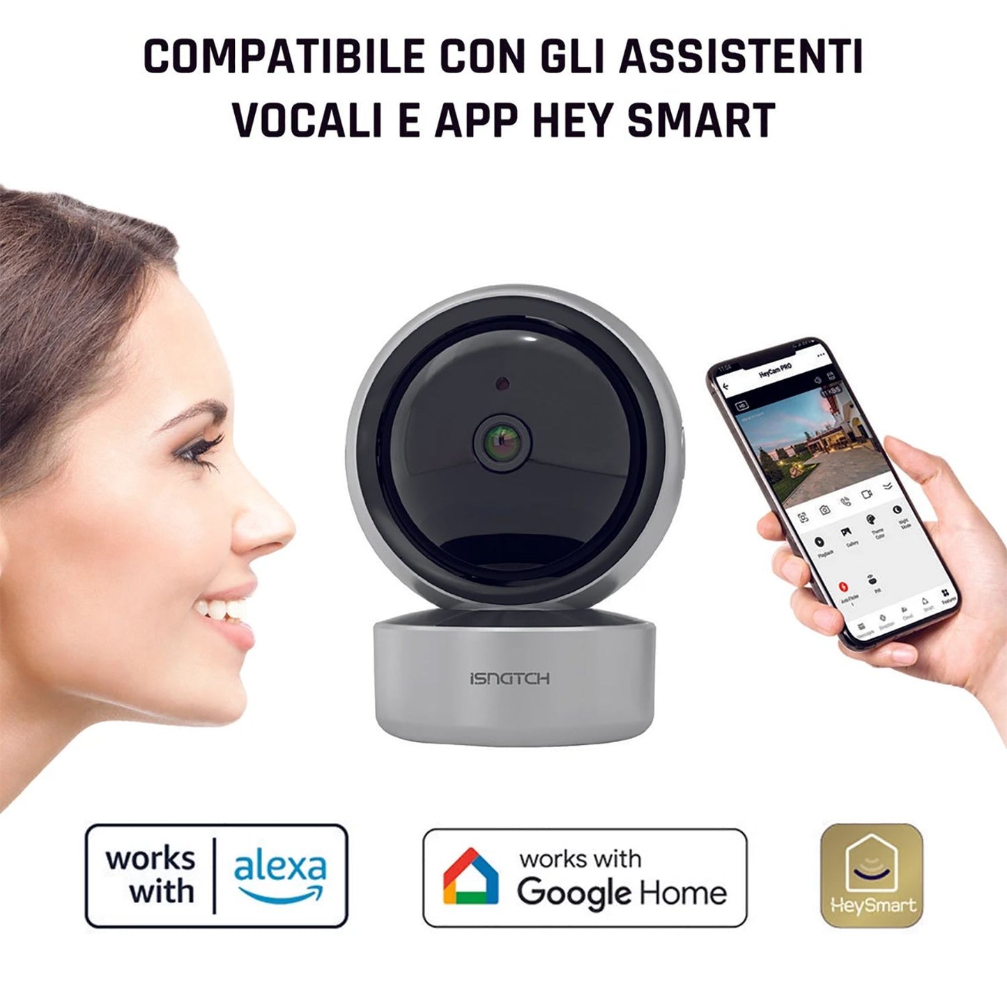 iSnatch HeyCam Pro 2K Telecamera IP Wi-fi smart motorizzata da interno FHD 1080p con Micro SD, LED infrarossi per visione notturna e rilevatore di movimento