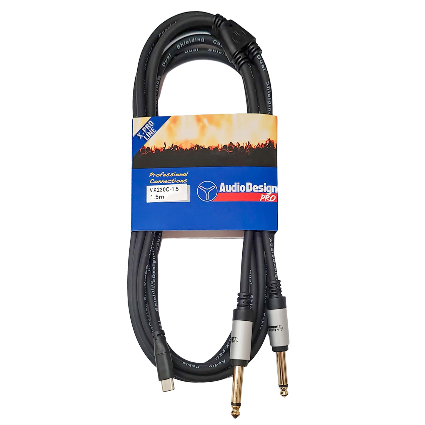 AudioDesign Pro Cavo adattatore professionale da USB-C a 2 Jack 6,3mm maschio, 1.5 metri, connettori placcati in oro, audio senza distorsioni, X-PRO Line
