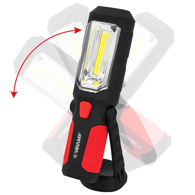 Velamp Torcia LED multiuso 3W, lampada da ispezione COB con gancio e calamita, luce di segnalazione rossa, supporto magnetico orientabile, lanterna da lavoro 200 lumen e torcia focalizzata 30 lumen