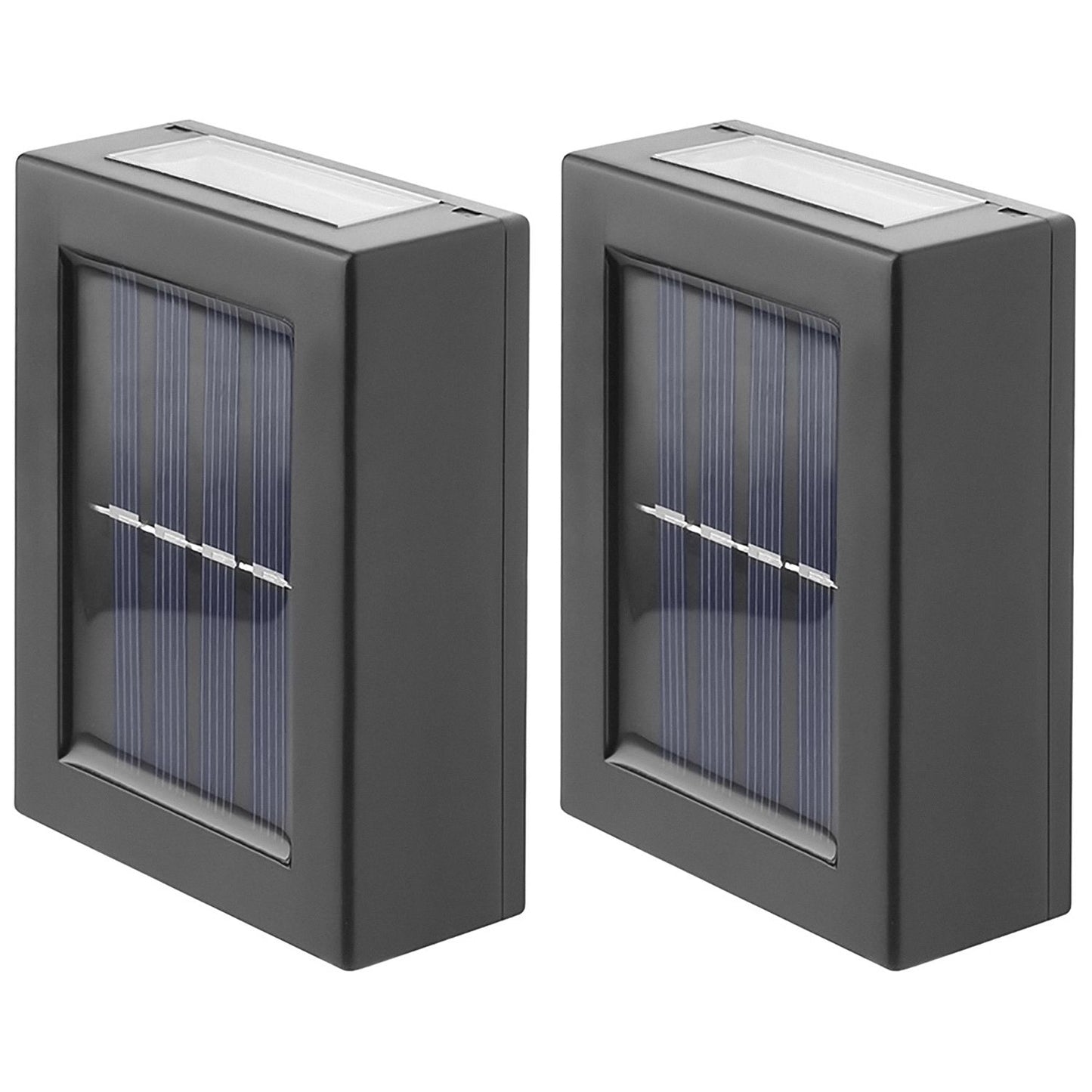 Rexer Camy Set da 2 Applique LED da parete a energia solare con sensore crepuscolare, lampada da esterno resistente alle intemperie, impermeabile IP44, nero, luce bianco caldo 300K, LED sopra e sotto