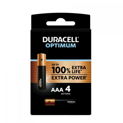 Duracell Batterie OptimumAAA(pacco da 4), Pile AAA alcaline da1.5V, Fino al100% di extra durata o extra potenza