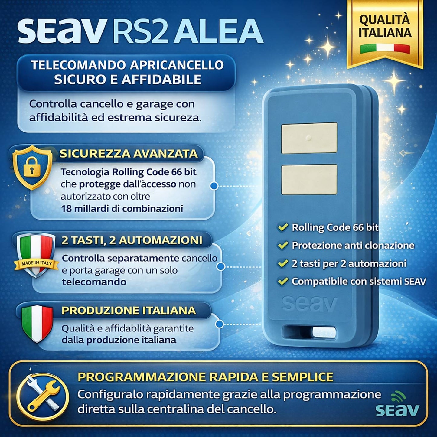 Seav RS2 Alea Telecomando apricancello ad ampio raggio 433.92MHz con 2 tasti, radiocomando a 2 canali, telecomando portone cancello garage saracinesca, trasmettitore rolling code, made in Italy