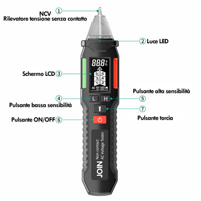 JOIN Rilevatore di tensione con torcia LED multifunzione display LCD e clip integrata, rilevazione senza contatto 12-1000V, tasti in silicone, spegnimento automatico