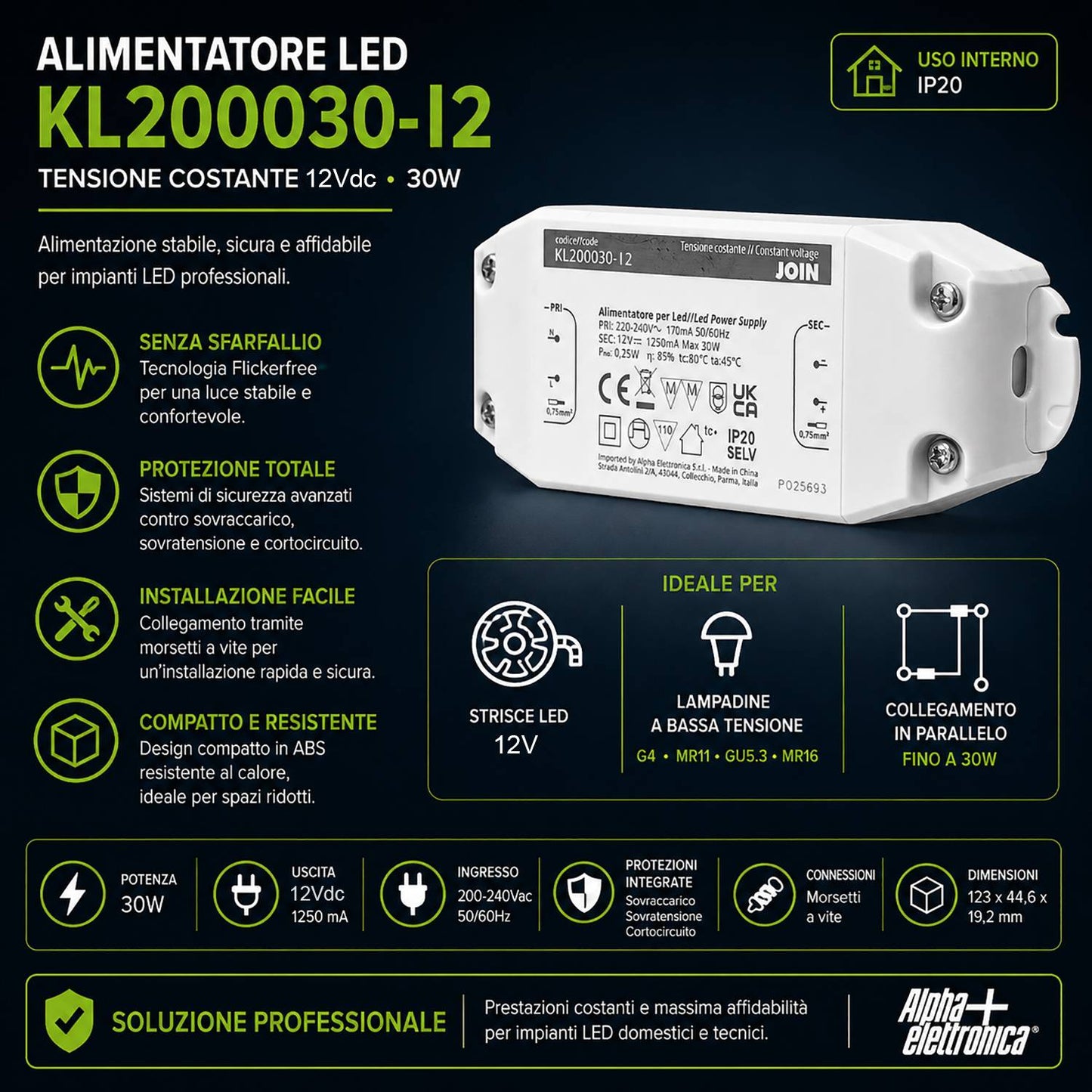 Alpha Elettronica KL200030-12 Alimentatore per LED a tensione costante 30W 12Vdc, trasformatore professionale senza sfarfallio per striscia LEDs, morsetti a vite, tensione d'ingresso 200 - 240 Vac