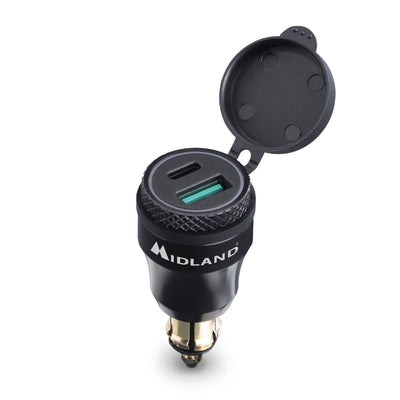 Midland caricabatterie 12/24V con presa USB+USB-C, alimentatore per auto, moto, camper, caricatore smartphone