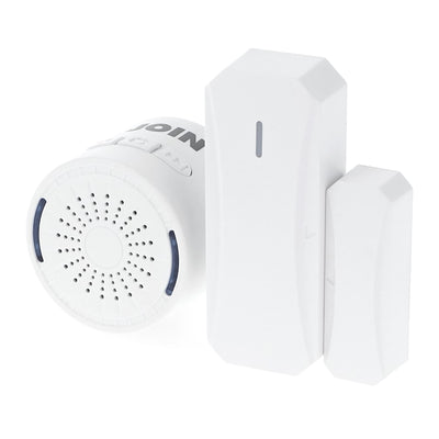Alpha Elettronica DB100-05W Kit sensore porta e finestra wireless con campanello dotato di indicatore LED, formato trasmettitore con spina + ricevitore a batteria, resistente all'acqua IP44, bianco