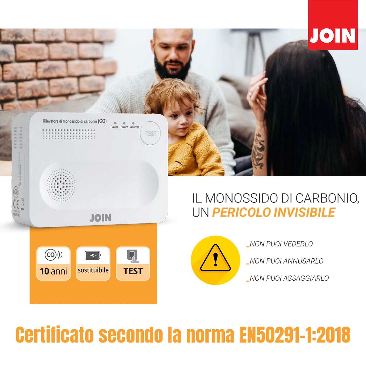 Join rilevatore di monossido di carbonio a batteria con allarme e pulsante prova test funzionamento, durata sensore 10 anni, monitoraggio CO, Certificazione EN50291