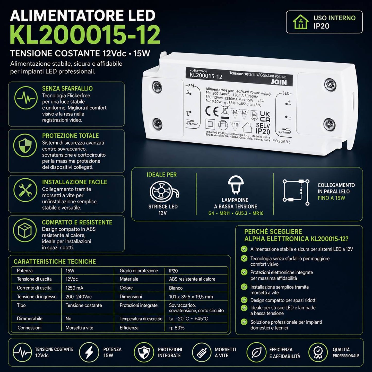 Alpha Elettronica KL200015-12 Alimentatore per LED a tensione costante 15W 12Vdc, trasformatore professionale senza sfarfallio per striscia LEDs, morsetti a vite, tensione d'ingresso 200 - 240 Vac