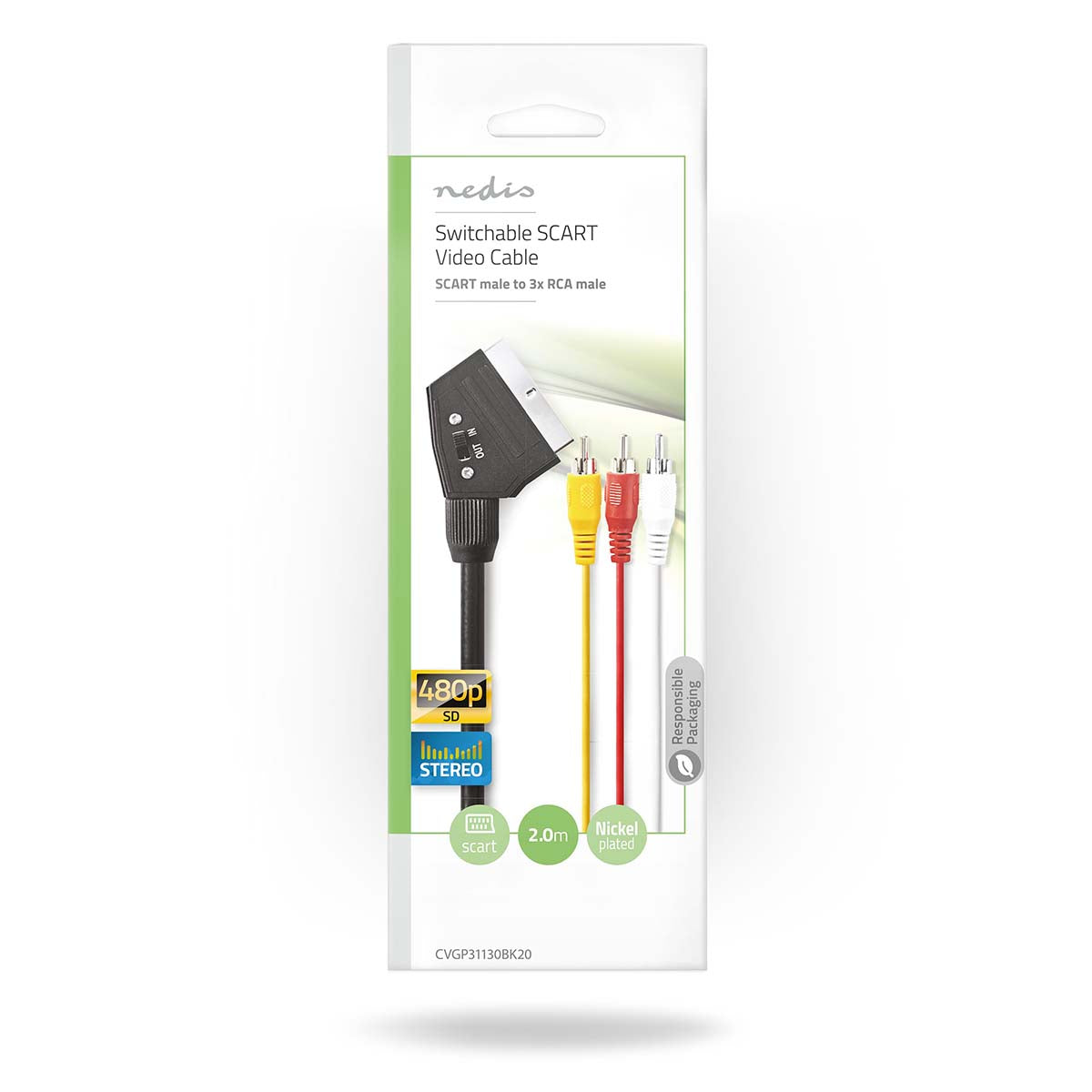Cavo SCART Maschio A 3 RCA Maschio 2 Metri, Commutabile, Per Collegare Videoregistratore E TV – Nero