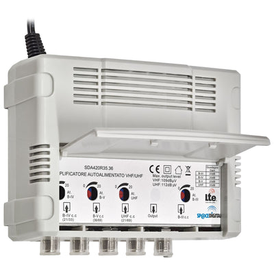 SpaceDigital Amplificatore autoalimentato 230V Centralina TV da interno VHF UHF 4 ingressi, auto CC, 1 uscita, connettore F, alimentazione cavo con spina 220V, guadagno regolabile 0-20dB, 5G LTE