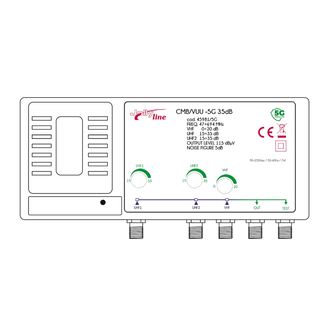 Jolly Line Centralina da muro VHF/UHF/UHF, 3 ingressi separati regolabili, max 35dB, con filtro 5G