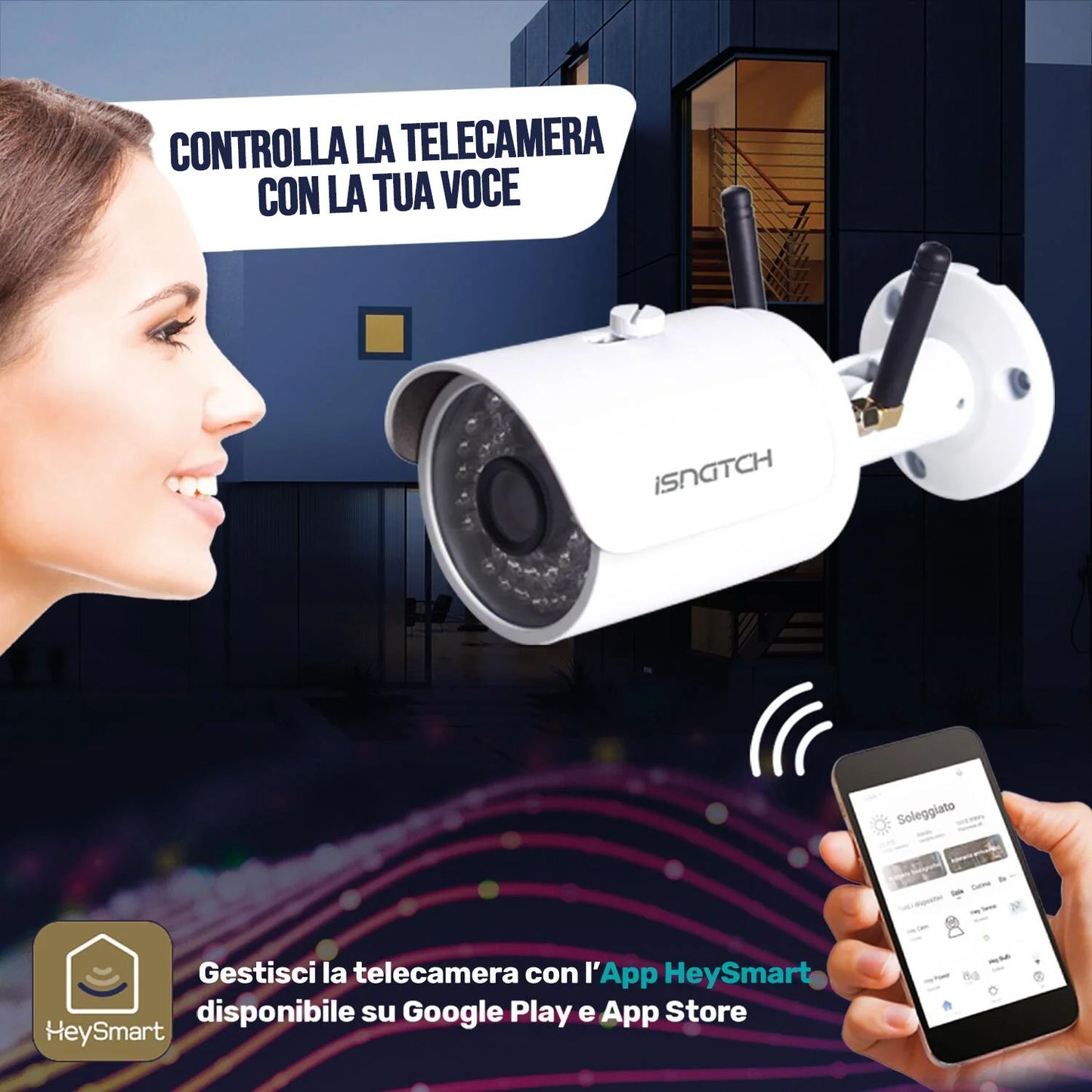 iSnatch Hey Cam 3G Telecamera IP Wi-fi Smart da esterno HD 720P con slot SIM e Micro SD, LED infrarossi per visione notturna e rilevatore di movimento, impermeabile