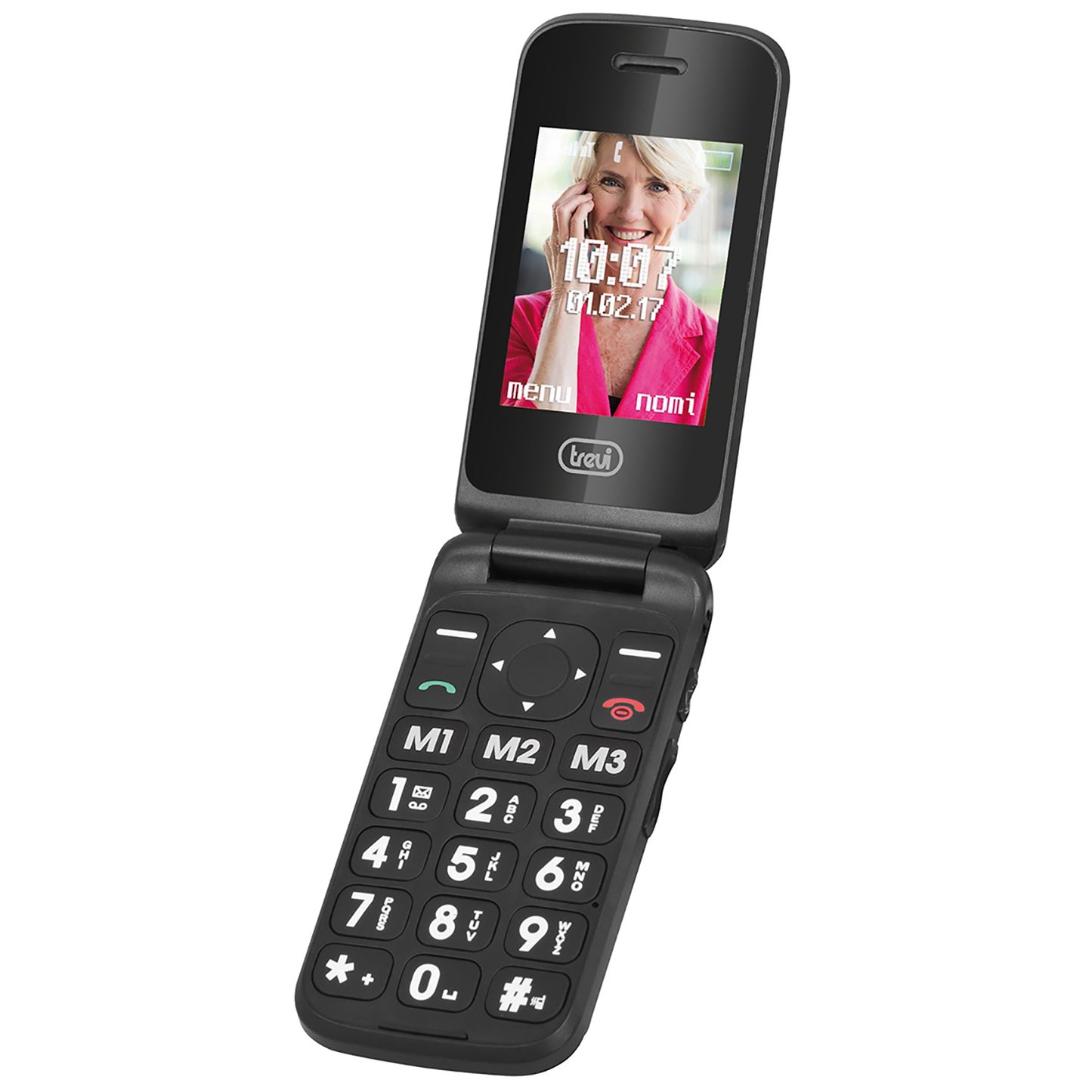 Trevi Flex Plus 55 Telefono cellulare per anziani a conchiglia 4G con doppio display e base di ricarica, tasti grandi e funzione SOS, batteria lunga durata, nero