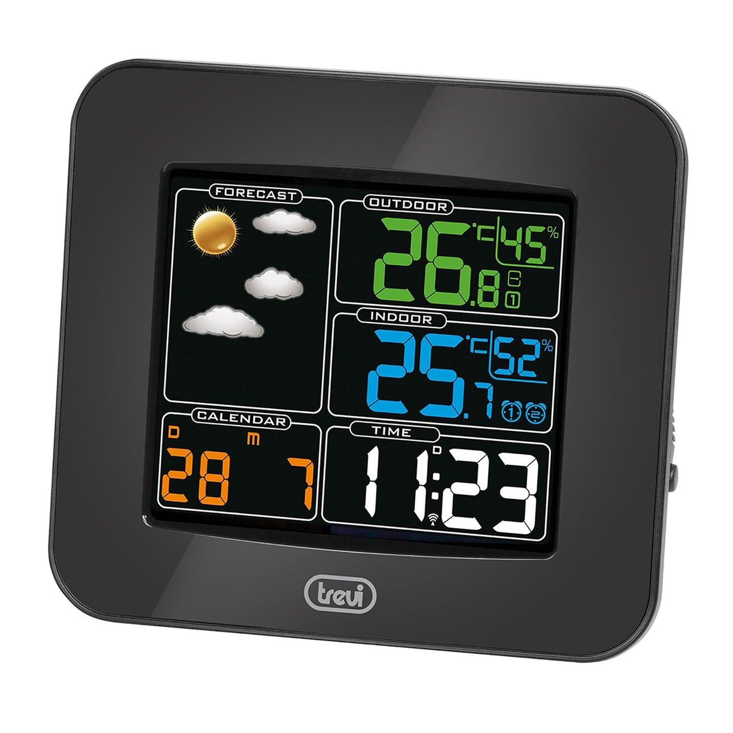 Trevi ME 3165 RC Stazione Meteo con display a colori con sensore esterno senza fili radiocontrollato, Termometro, Umidità, due sveglie, funzione prosponi