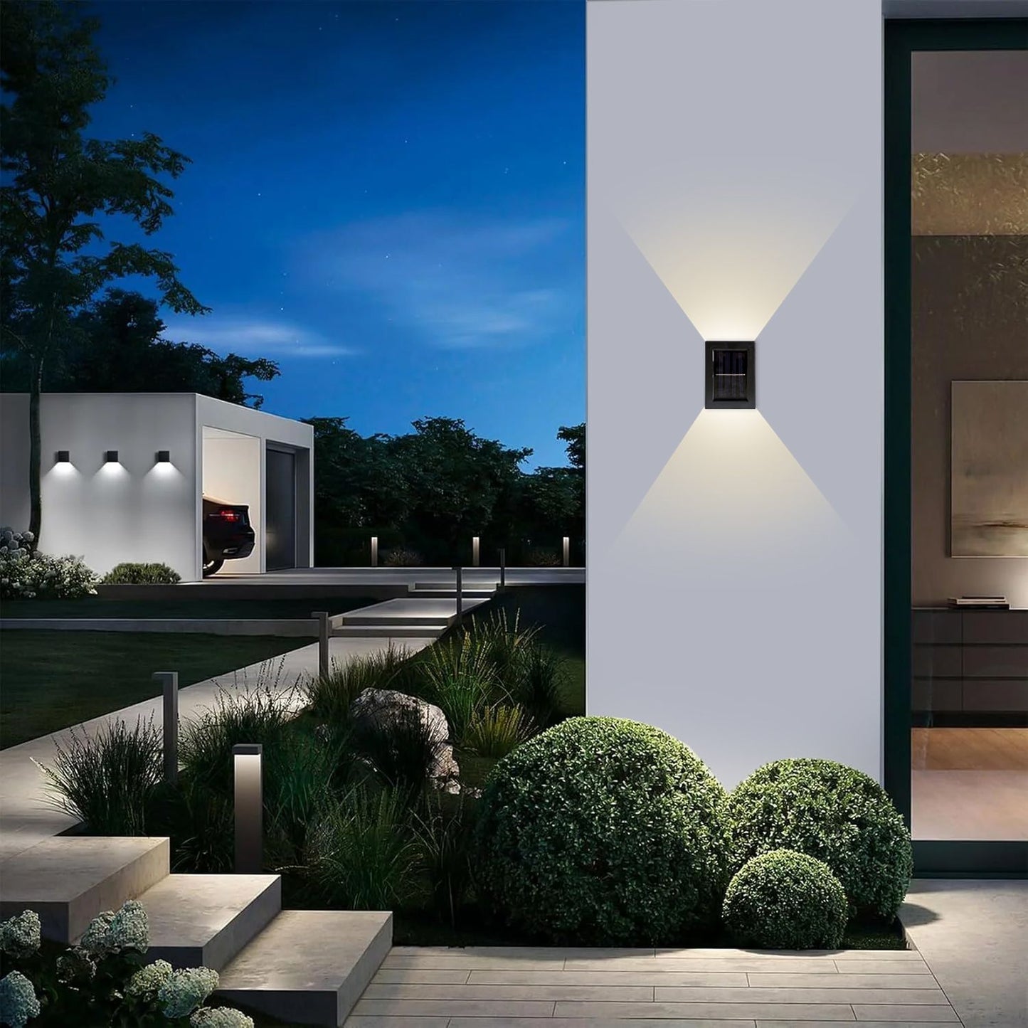Rexer Camy Set da 2 Applique LED da parete a energia solare con sensore crepuscolare, lampada da esterno resistente alle intemperie, impermeabile IP44, nero, luce bianco caldo 300K, LED sopra e sotto