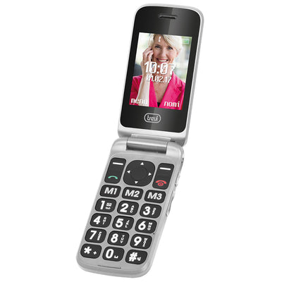 Trevi Flex Plus 55 Silver Telefono cellulare per anziani a conchiglia 4G con doppio display e base di ricarica, tasti grandi e funzione SOS, batteria lunga durata, grigio