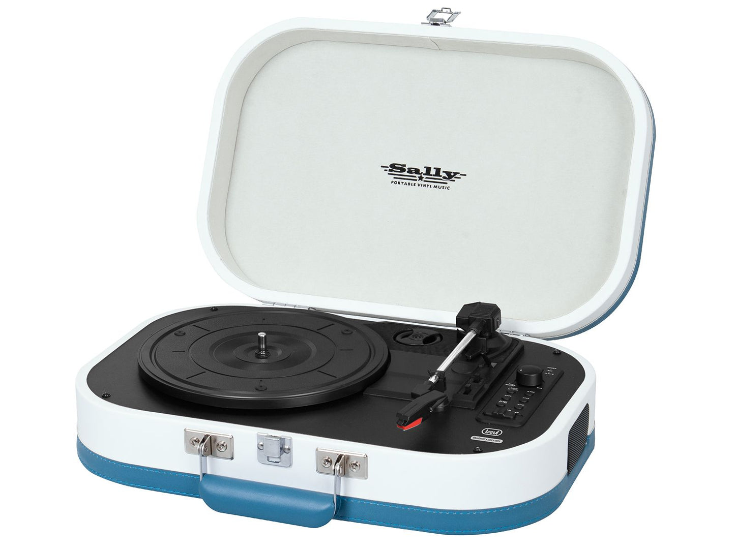 Trevi Giradischi Sally in valigia portatile in pelle sintetica bianco e blu MP3 USB Bluetooth con casse stereo integrate, supporta dischi 33, 45 e 78 giri