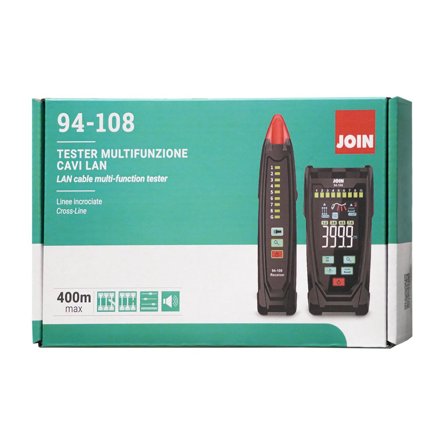 JOIN 94-108 Tester multifunzione per verifica tracciamento e mappatura cavi di rete LAN con porte RJ45 e funzione per misurare la lunghezza del cavo fino a 400m, rilevatore di interruzioni, torcia LED