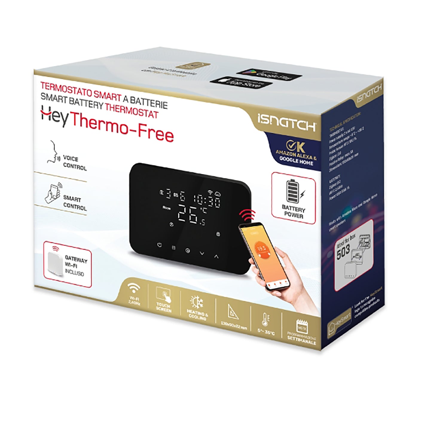 iSnatch Hey Thermo-Free Termostato smart wireless a batterie con display soft touch nero, completo di gateway per collegamento Wi-Fi e controllo remoto