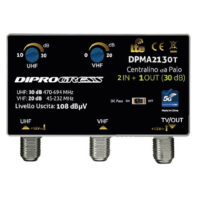 Diprogress Centralina da palo 2 in 1 out +30dB, filtro LTE 5G, 12V DC, 2/3 Ingressi – 1/2 Uscite