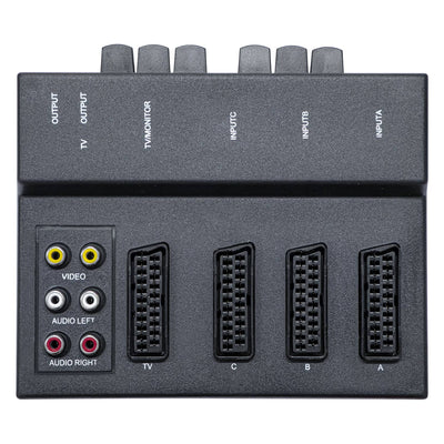 Commutatore audio video SCART+RCA con selettori, 3 prese SCART IN e una OUT, 2 ingressi RCA, centralina ciabatta switch box per dispositivi analogici, nero