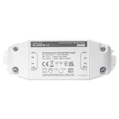 Alpha Elettronica KL200030-12 Alimentatore per LED a tensione costante 30W 12Vdc, trasformatore professionale senza sfarfallio per striscia LEDs, morsetti a vite, tensione d'ingresso 200 - 240 Vac