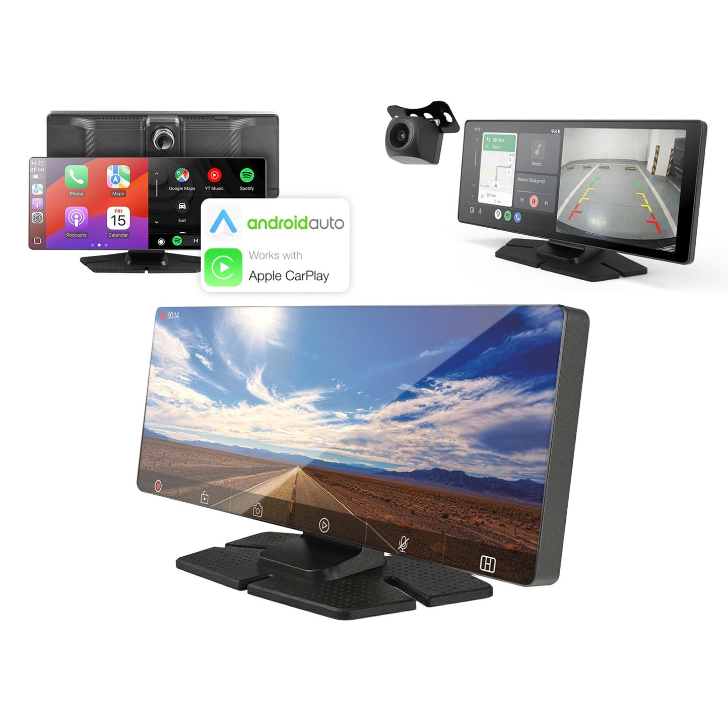 Trevi MDV 1000 Monitor Smart Touchscreen 10" LCD IPS con dashcam 2K integrata e telecamera di parcheggio posteriore, supporto adesivo e a ventosa, compatibile con Android Auto e Apple CarPlay Wireless
