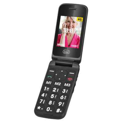 Trevi Flex Plus 90 4G Telefono cellulare per anziani a conchiglia con doppio display, SOS, tasti grandi, fotocamera, base di ricarica, torcia