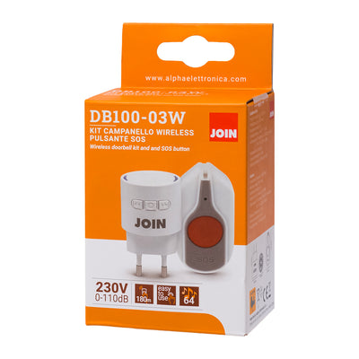 Alpha Elettronica DB100-03W Kit campanello con indicatore LED e telecomando wireless con pulsante tasto SOS, ricevitore con spina e trasmettitore a batteria con portata fino a 180m, ideale per anziani