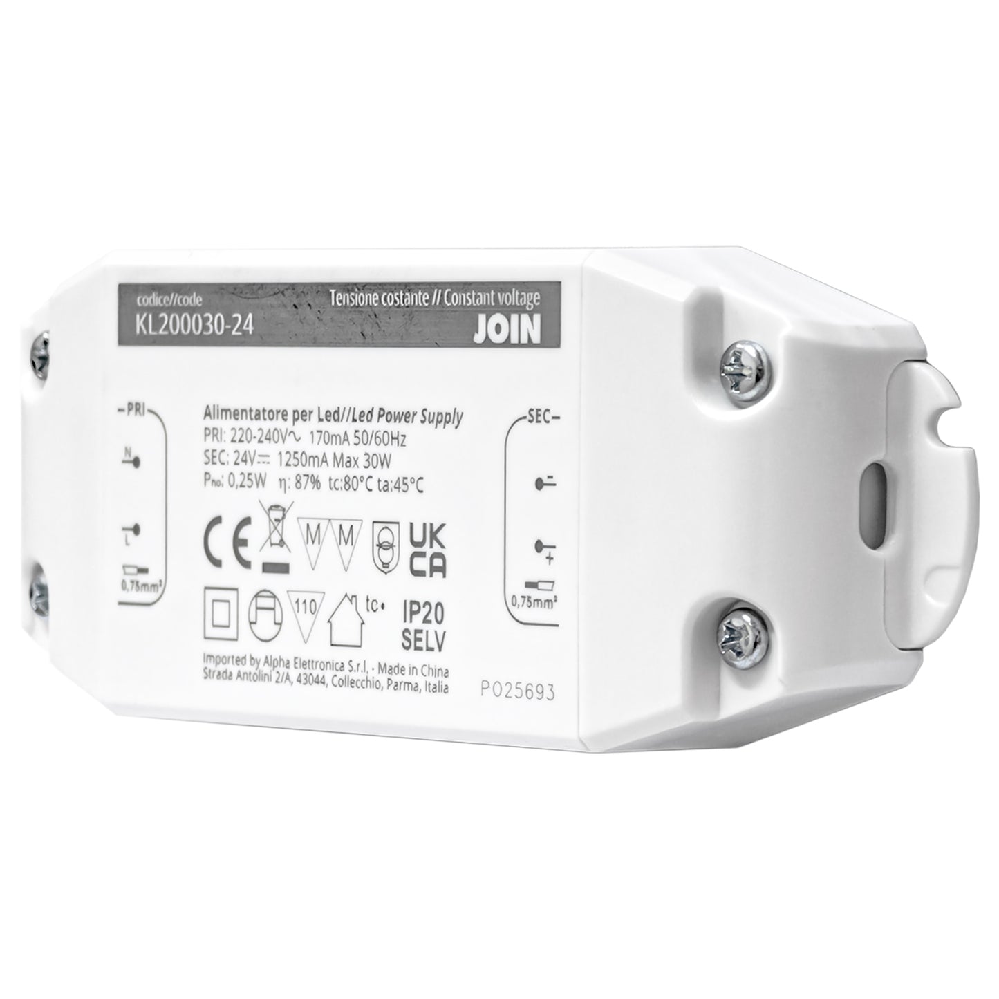 Alpha Elettronica KL200030-24 Alimentatore per LED a tensione costante 30W 24Vdc, trasformatore professionale senza sfarfallio per striscia LEDs, morsetti a vite, tensione d'ingresso 200 - 240 Vac