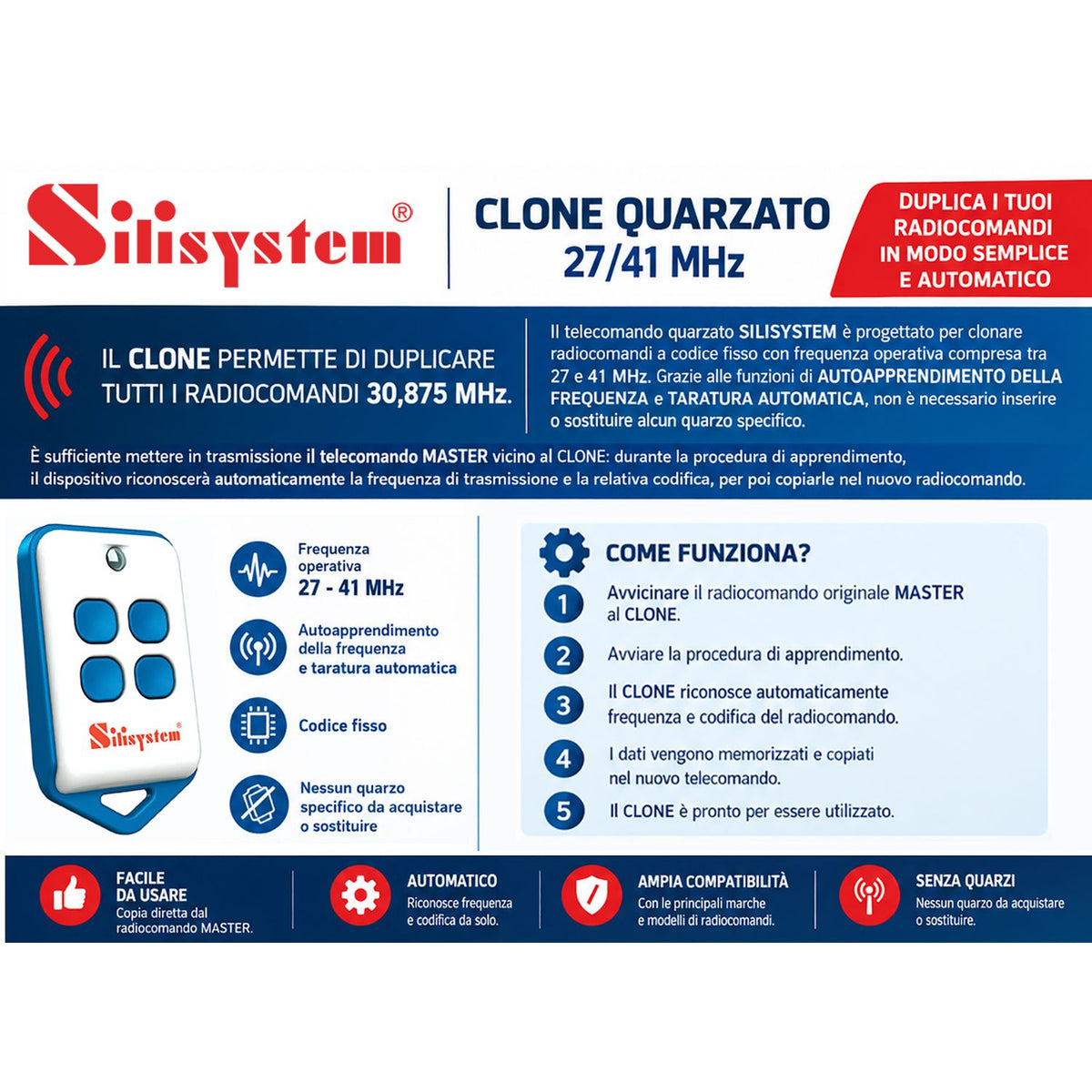 Silisystem CloneQ AFT Radiocomando Quarzato Multifrequenza da 27 a 41 MHz Apricancello Codice Fisso 30,875 MHz Autoapprendente con Taratura Automatica, 4 in 1 Telecomando Garage Cancello