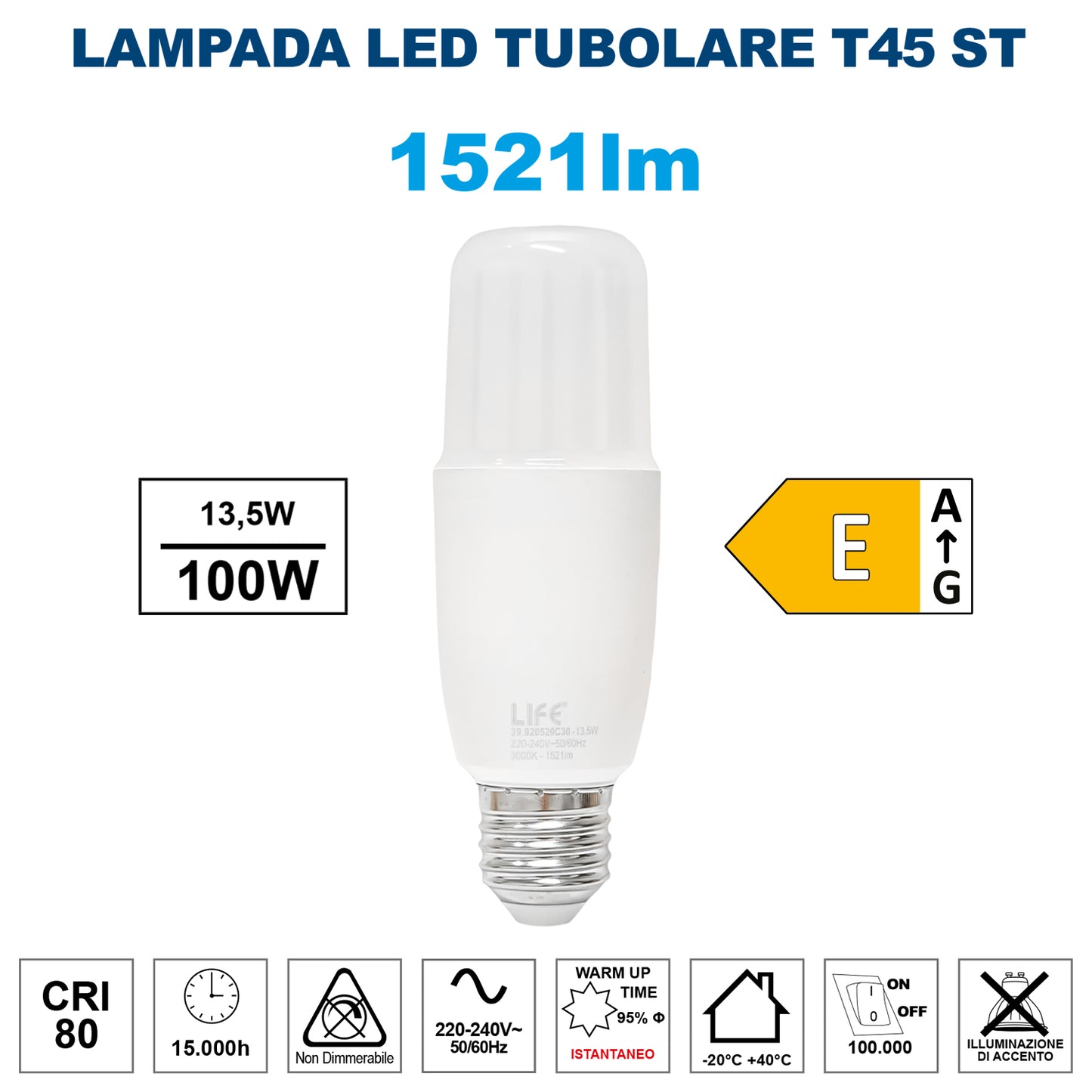 Life Lampadina LED con attacco E27 da 13.5W equivalenti a 100W, 1521 Lumen, Luce calda 3000K, Lampada LED tubolare T45 ST, accensione istantanea