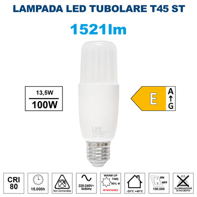 Life Lampadina LED con attacco E27 da 13.5W equivalenti a 100W, 1521 Lumen, Luce calda 3000K, Lampada LED tubolare T45 ST, accensione istantanea