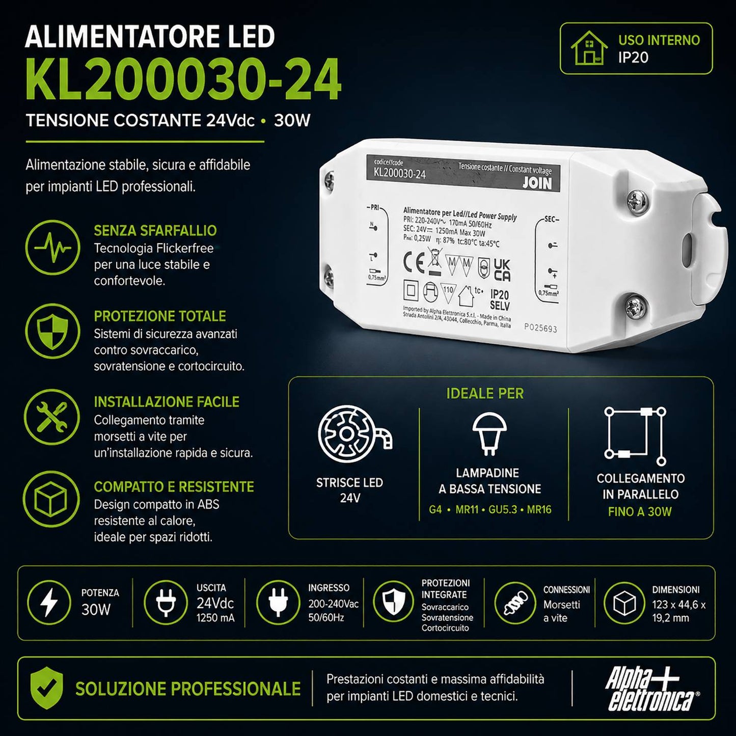 Alpha Elettronica KL200030-24 Alimentatore per LED a tensione costante 30W 24Vdc, trasformatore professionale senza sfarfallio per striscia LEDs, morsetti a vite, tensione d'ingresso 200 - 240 Vac
