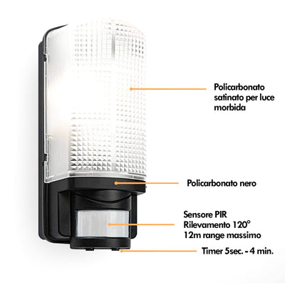 Applique da parete con sensore di movimento PIR, lampada automatica 60W 220V faretto da esterno con tempo di accensione e intensità della luce regolabile, luce notturna per giardino impermeabile IP44