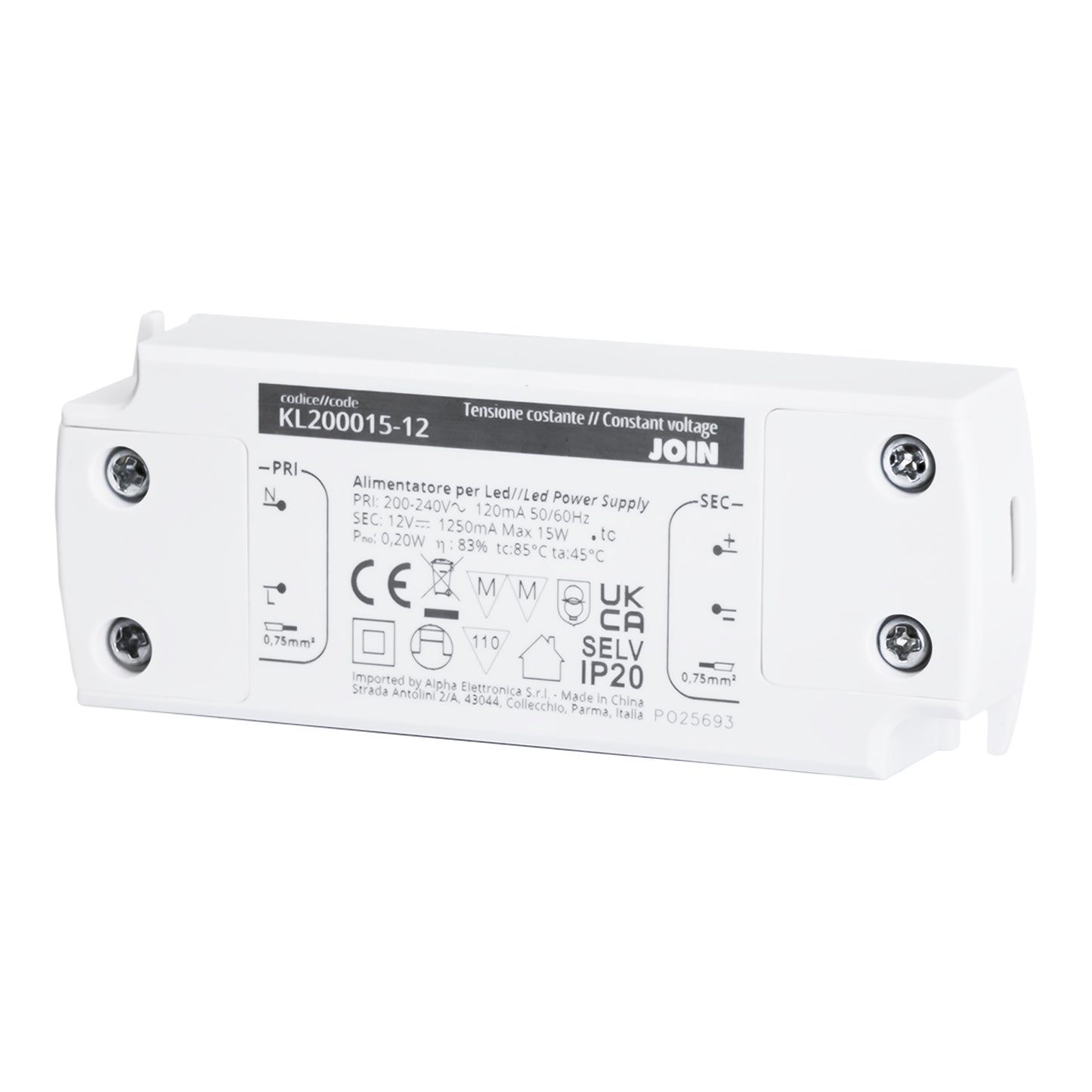 Alpha Elettronica KL200015-12 Alimentatore per LED a tensione costante 15W 12Vdc, trasformatore professionale senza sfarfallio per striscia LEDs, morsetti a vite, tensione d'ingresso 200 - 240 Vac