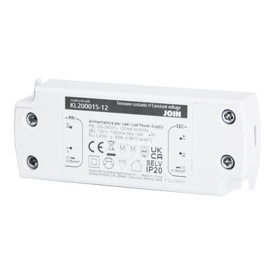 Alpha Elettronica KL200015-12 Alimentatore per LED a tensione costante 15W 12Vdc, trasformatore professionale senza sfarfallio per striscia LEDs, morsetti a vite, tensione d'ingresso 200 - 240 Vac