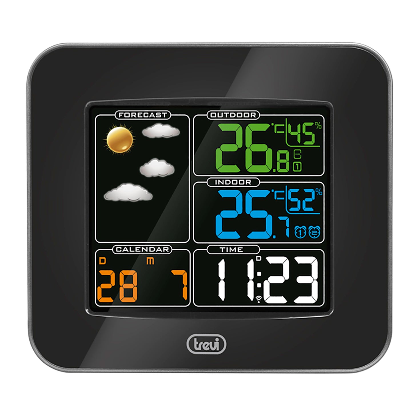 Trevi ME 3165 RC Stazione Meteo con display a colori con sensore esterno senza fili radiocontrollato, Termometro, Umidità, due sveglie, funzione prosponi