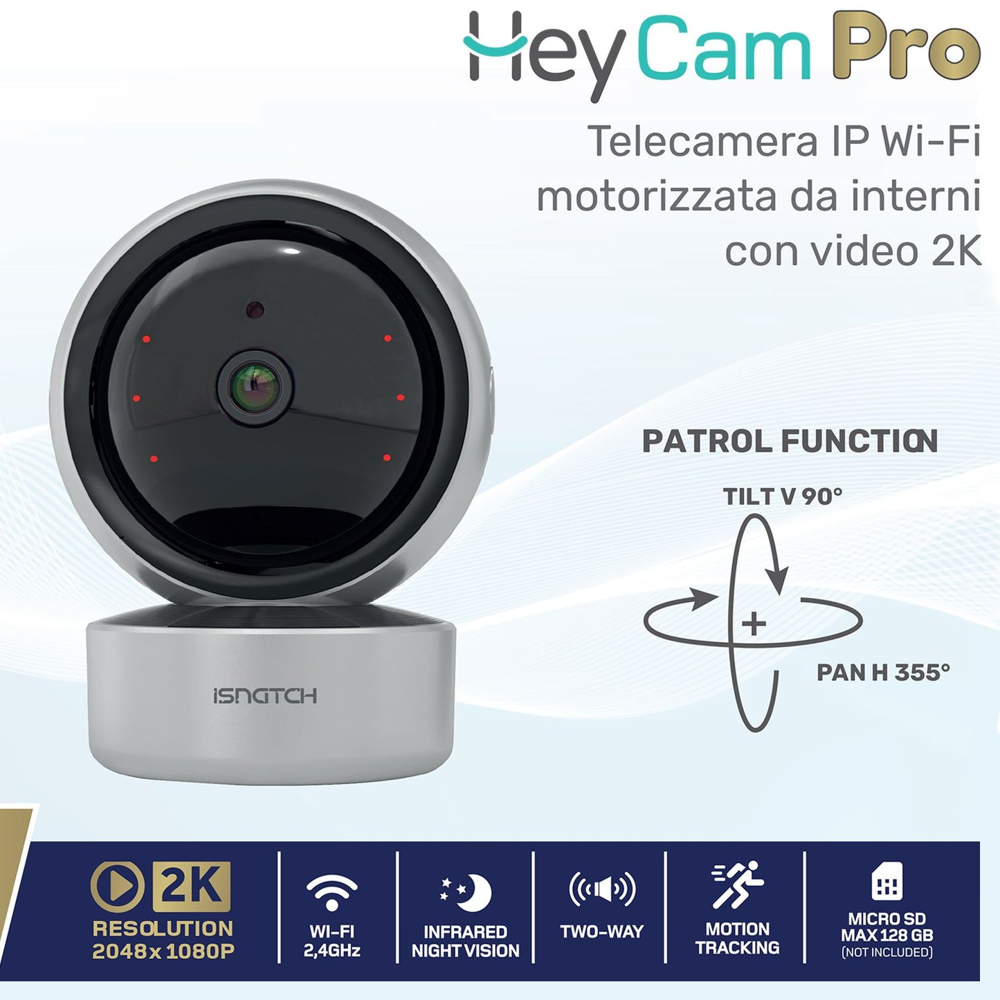 iSnatch HeyCam Pro 2K Telecamera IP Wi-fi smart motorizzata da interno FHD 1080p con Micro SD, LED infrarossi per visione notturna e rilevatore di movimento