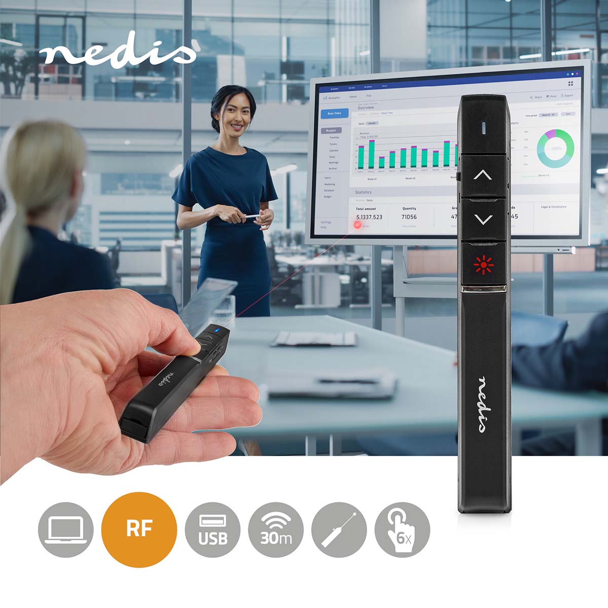 Nedis Puntatore laser wireless con mini adattatore USB nero, portata max 100 metri, puntatore laser per presentazioni