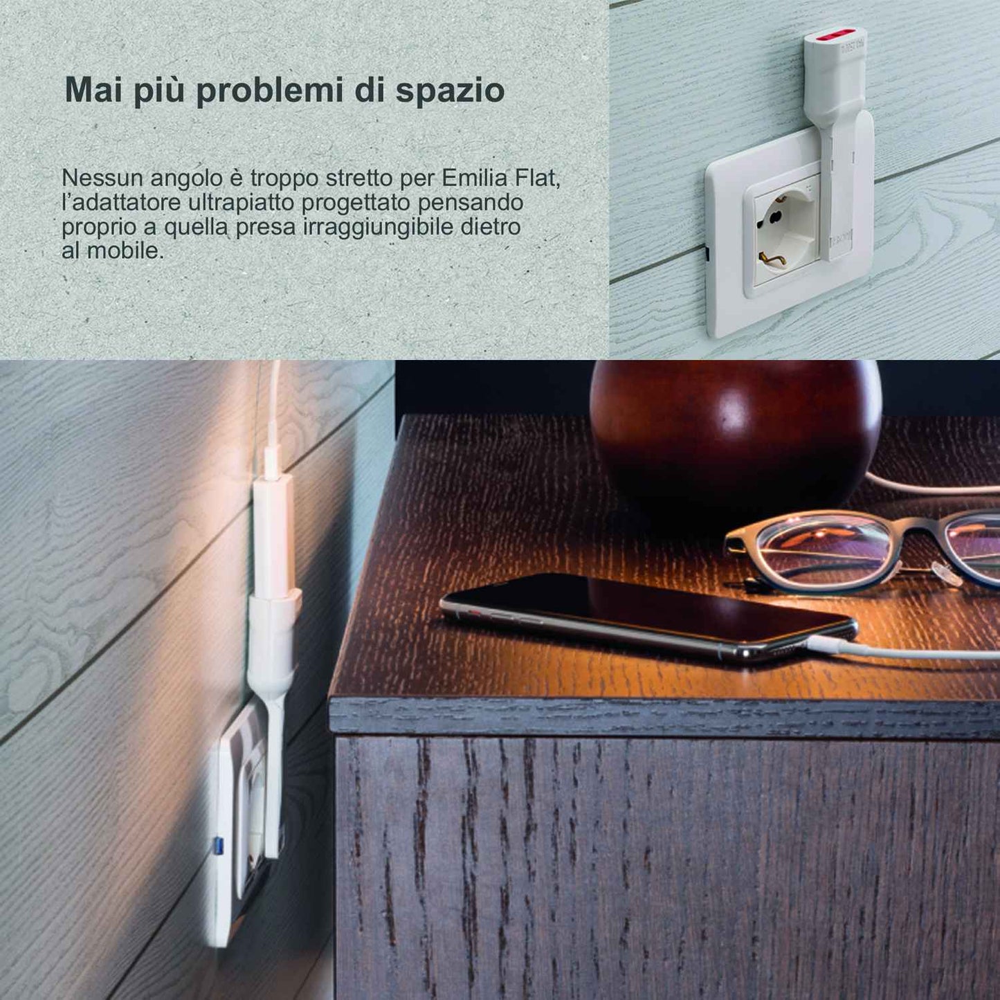Rosi Emilia Flat Set da 2 Adattatore ultra piatto 90° salva spazio con spina piccola 10A e presa 10A 2P+T, salvaspazio, sporgenza minima, spessore ridotto, ottimizzazione spazio, 1500W max, bianco